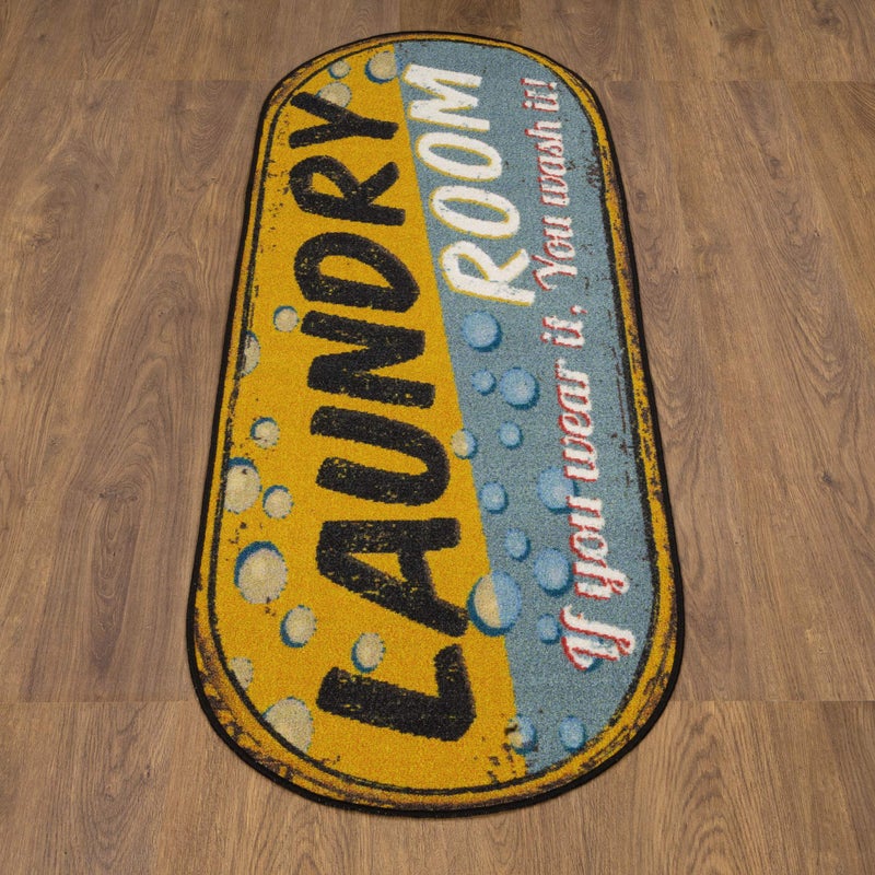 Ottomanson Machine Washable Bubbles Design Laundry Room Rug Non-Slip Rubberback 2x5 Laundry Runner Rug for Laundry Room, Bathroom, Washroom, 20" x 59" Oval, Yellow/Gray - Image 2